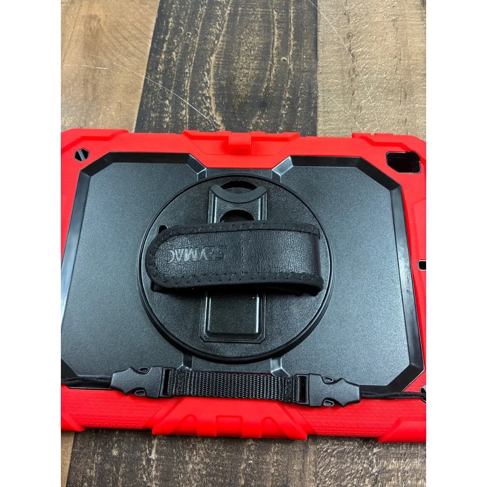 Seymac Rugged Tablet Case Red Black Shockproof Rotating Kickstand Hand Strap